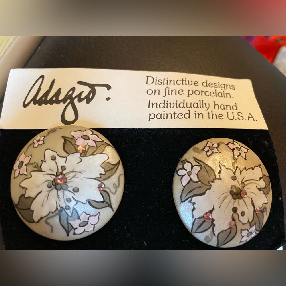Rare Porcelain Vintage Adagio Clip Earrings with Swarovski Crystals
